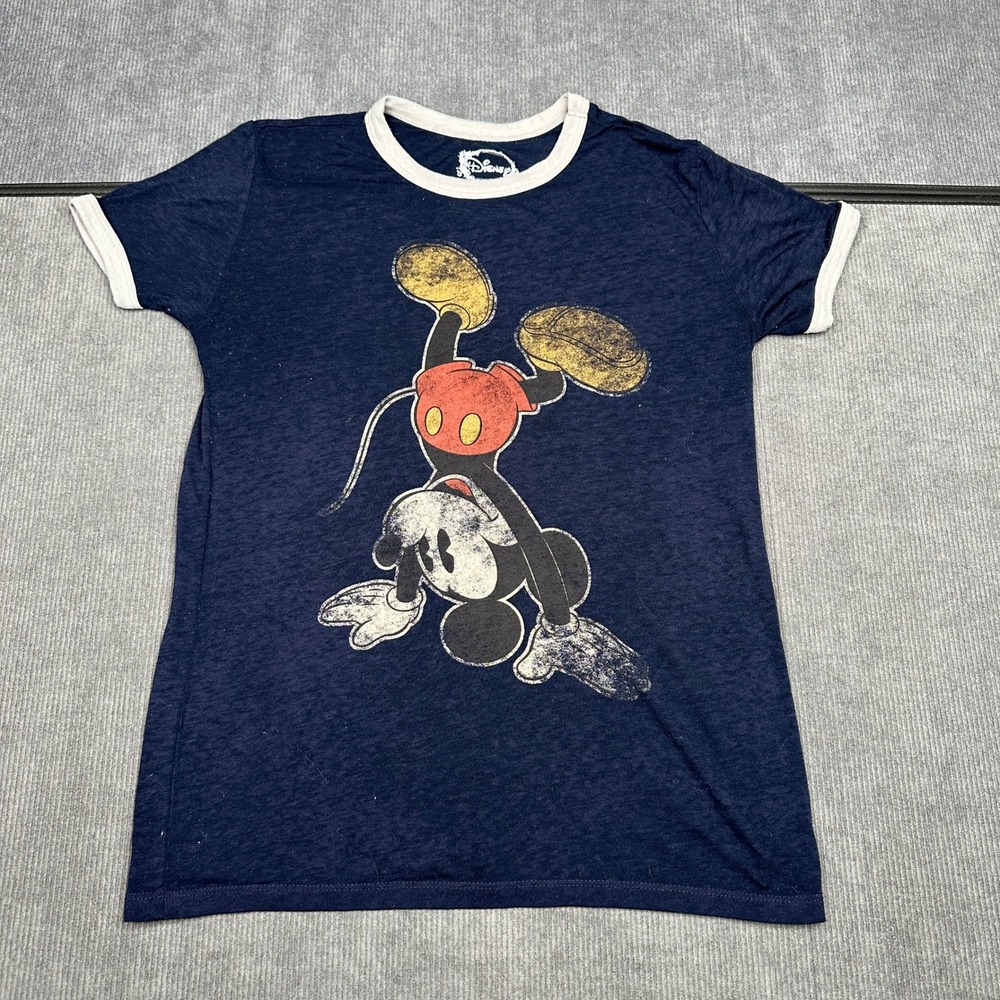 Disney Mickey Mouse Navy Blue Ringer Y2k T-Shirt Distressed Graphic Medium
